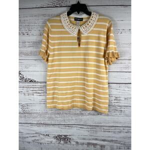 Karl Lagerfeld Shirt Women's Large Gold White Striped Crochet Collar Keyhole Top